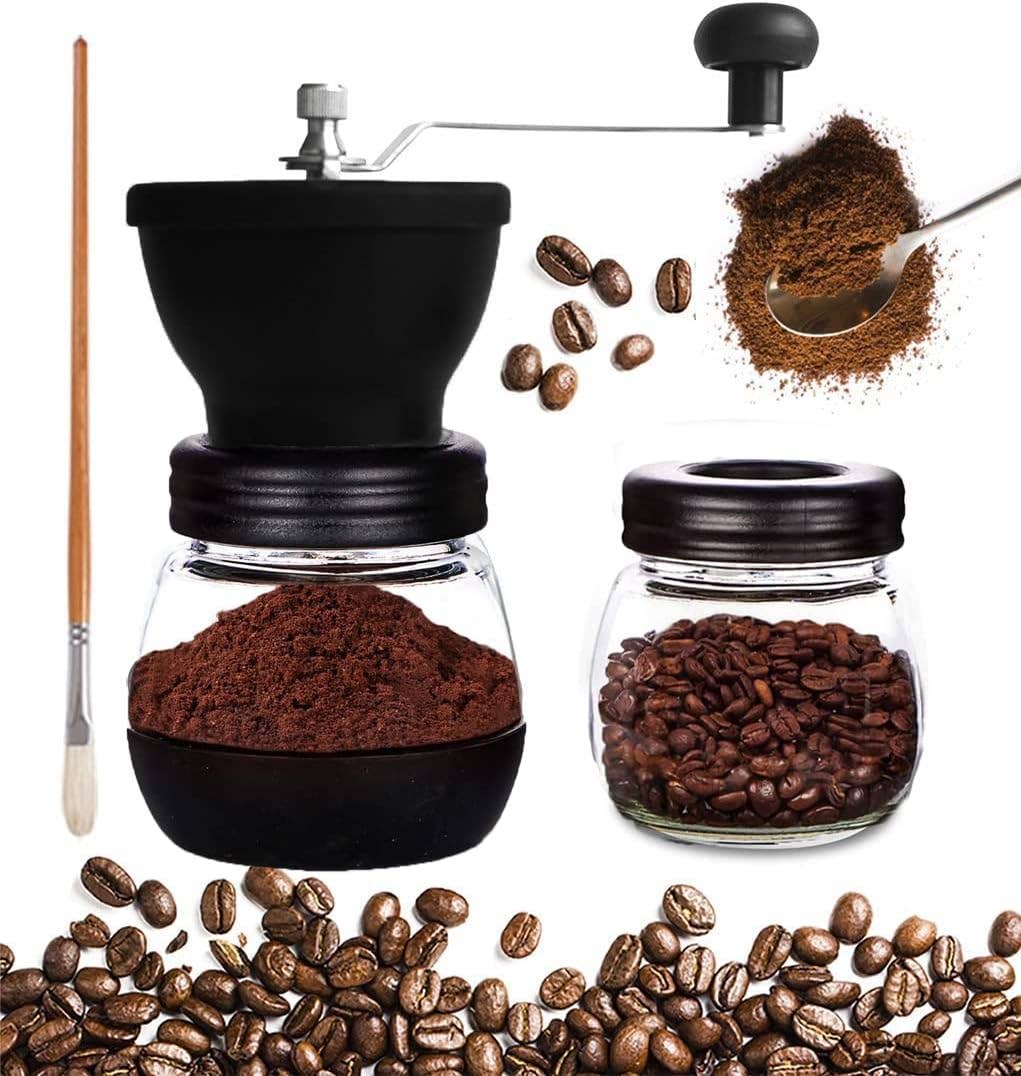 Mixpresso Manual Coffee Grinder Set With Conical Ceramic Burr Two Glass Jars And Soft Brush, Manual Coffee Bean Grinder & Spice Grinder