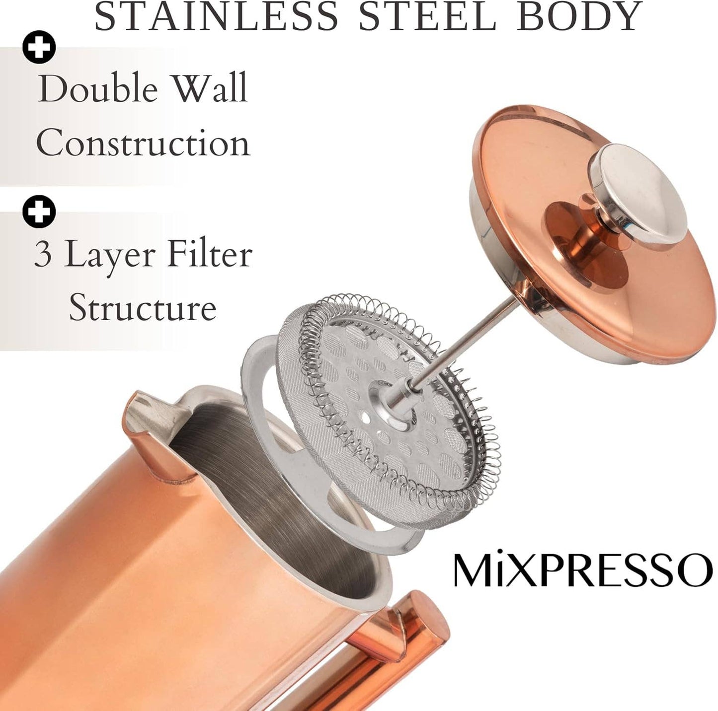Mixpresso Stainless Steel French Press Coffee Maker 27 Oz 800ML Double Wall Metal Insulated Coffee Press & Tea Brewer: Bronze