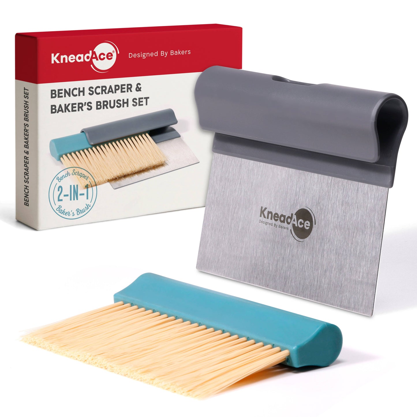 KneadAce Bench Scraper and Baker's Brush: White / Red