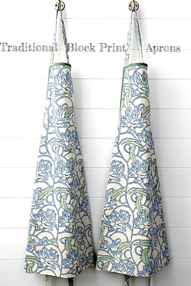 Block Print Cotton Apron with Pockets – Artisan Floral Kitchen Cooking Tie Back