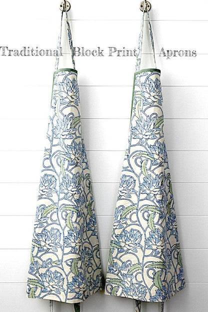 Block Print Cotton Apron with Pockets – Artisan Floral Kitchen Cooking Tie Back