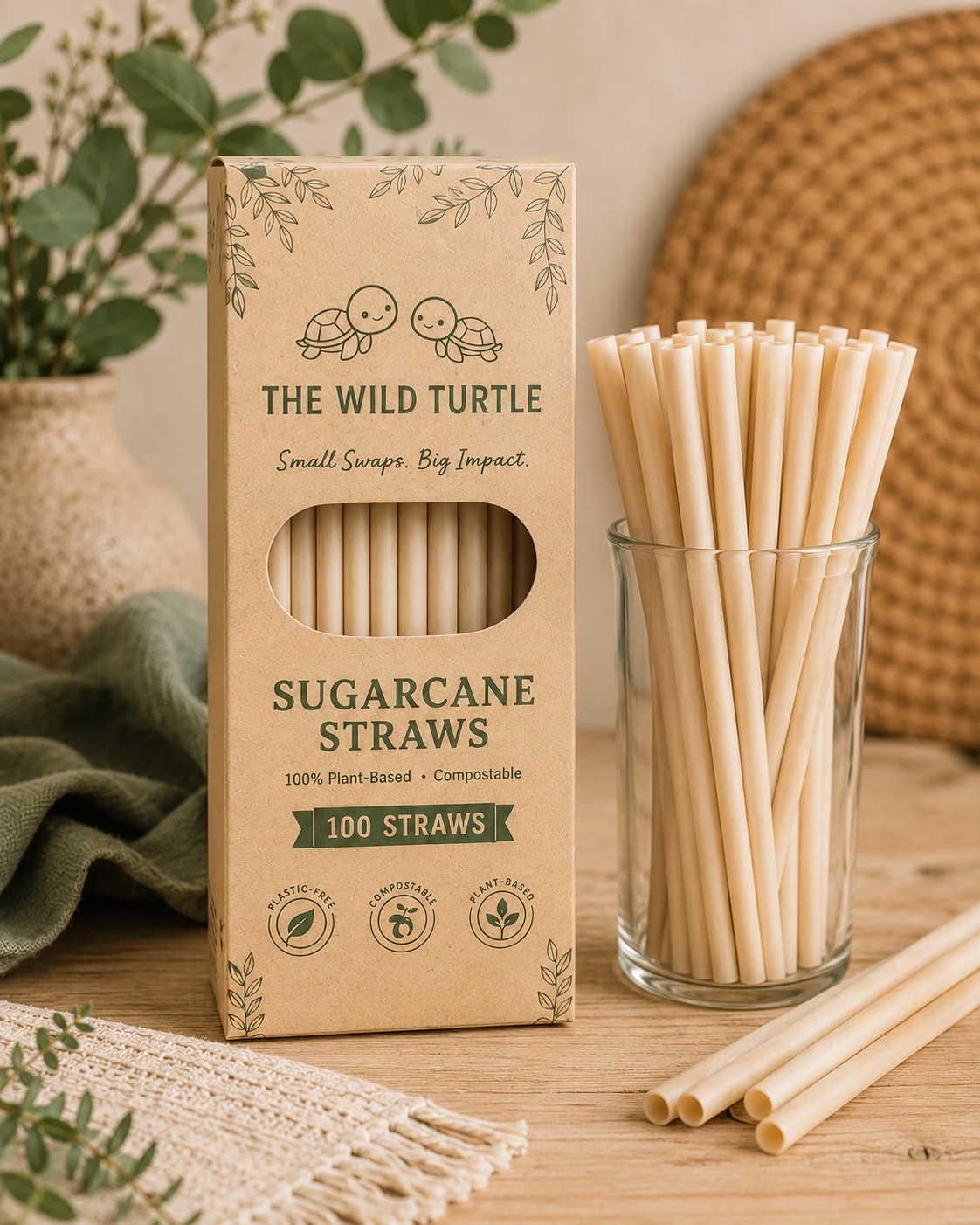 Sugarcane Straws — Compostable, No Soggy Paper Taste (100-Count)