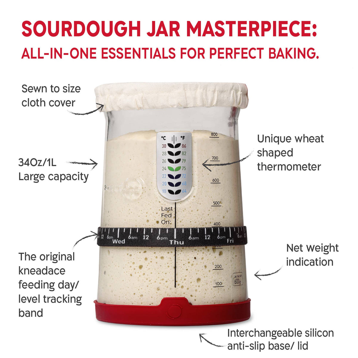 KneadAce PRO Sourdough Kit:34oz Jar-Round Baskets-Bread Lame