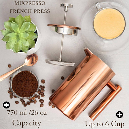 Mixpresso Stainless Steel French Press Coffee Maker 27 Oz 800ML Double Wall Metal Insulated Coffee Press & Tea Brewer: Bronze
