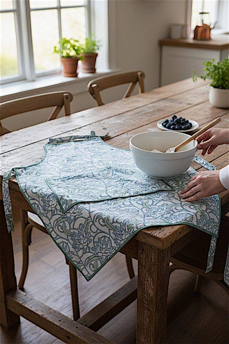 Block Print Cotton Apron with Pockets – Artisan Floral Kitchen Cooking Tie Back