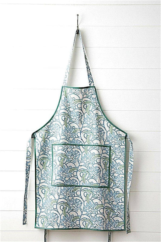 Block Print Cotton Apron with Pockets – Artisan Floral Kitchen Cooking Tie Back
