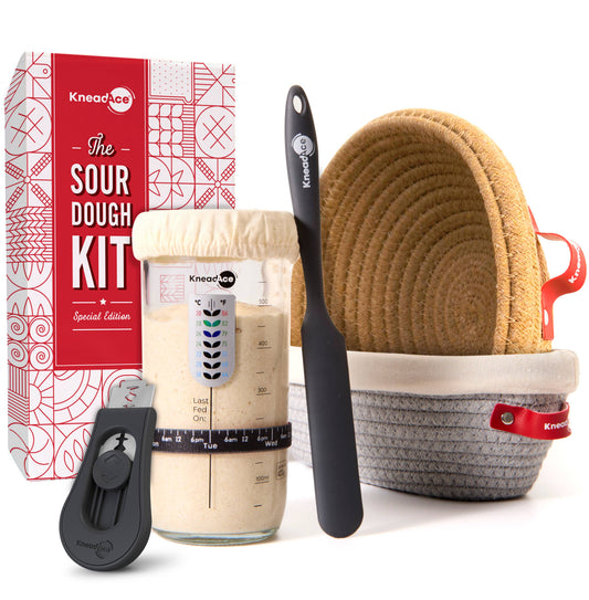 KneadAce Sourdough Kit: 24oz Jar, 2x Bannetons, Bread Lame