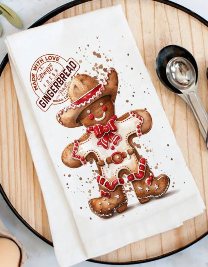 Cowboy Gingerbread Man Christmas Tea Towel