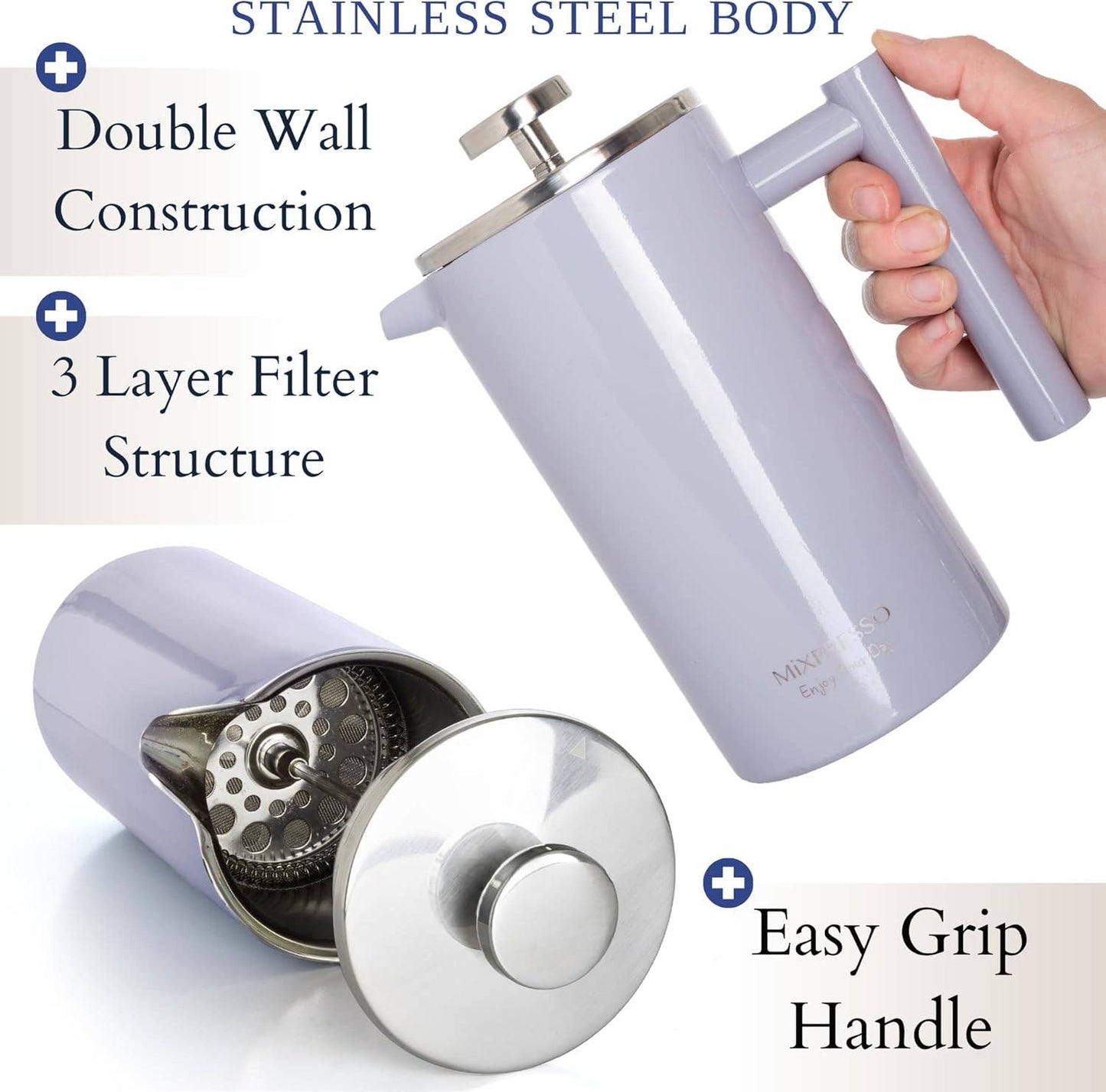 Mixpresso Stainless Steel French Press Coffee Maker 27 Oz 800ML Double Wall Metal Insulated Coffee Press & Tea Brewer: Bronze