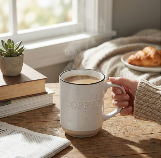 Sheffield Home | 18oz Embossed “COFFEE” Stoneware Mug White